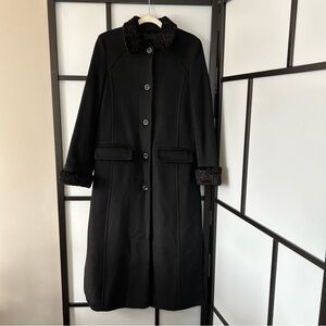 [6] London Fog Black Wool Trench Length Pea Coat w/ Fluffy Collar & Cuffs Winter